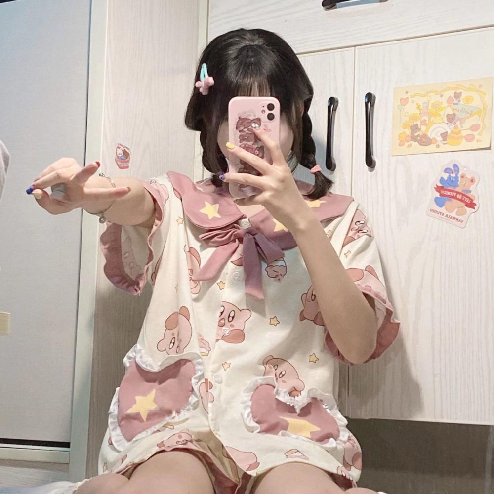 Kawaii Japanese Kirby Pajamas Cartoon Cute Summer Pajamas Sweet Girl Heart Doll Collar Soft Girl Loose 1 - Kirby Plush