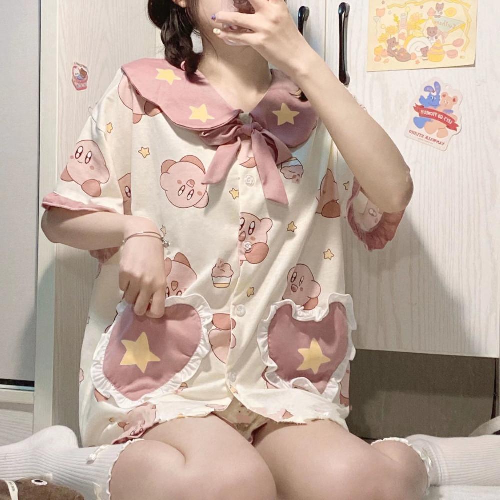 Kawaii Japanese Kirby Pajamas Cartoon Cute Summer Pajamas Sweet Girl Heart Doll Collar Soft Girl Loose 2 - Kirby Plush