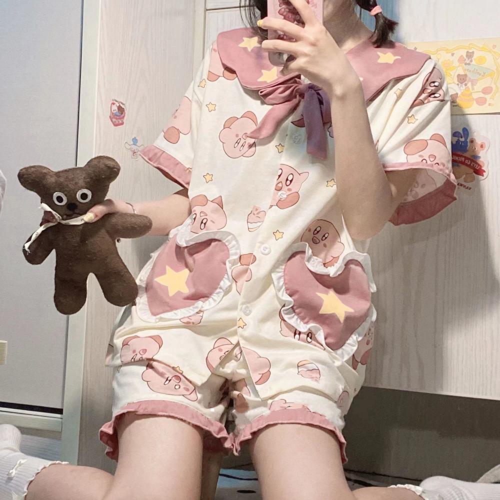 Kawaii Japanese Kirby Pajamas Cartoon Cute Summer Pajamas Sweet Girl Heart Doll Collar Soft Girl Loose 3 - Kirby Plush