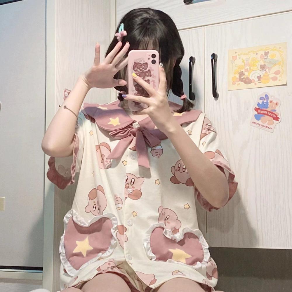 Kawaii Japanese Kirby Pajamas Cartoon Cute Summer Pajamas Sweet Girl Heart Doll Collar Soft Girl Loose - Kirby Plush