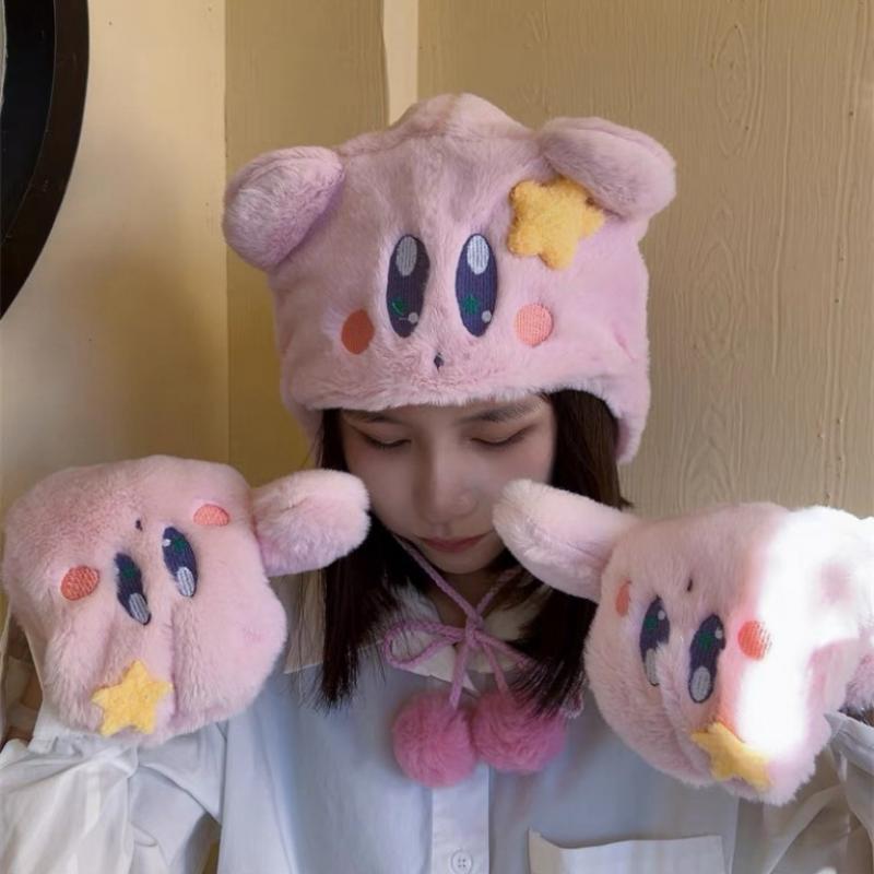New Kirby Cartoon Plush Warm Hat Gloves Thickened Necessary Windproof In Winter Cute Collocation Birthday Gift - Kirby Plush