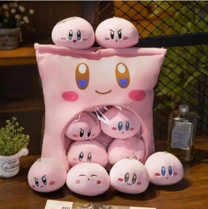 Cartoon Star Kirby Snack Bag Shape Pillow with 6 Pcs Small Kirby Plush Stuffed Kawaii Doll 3 - Kirby Plush
