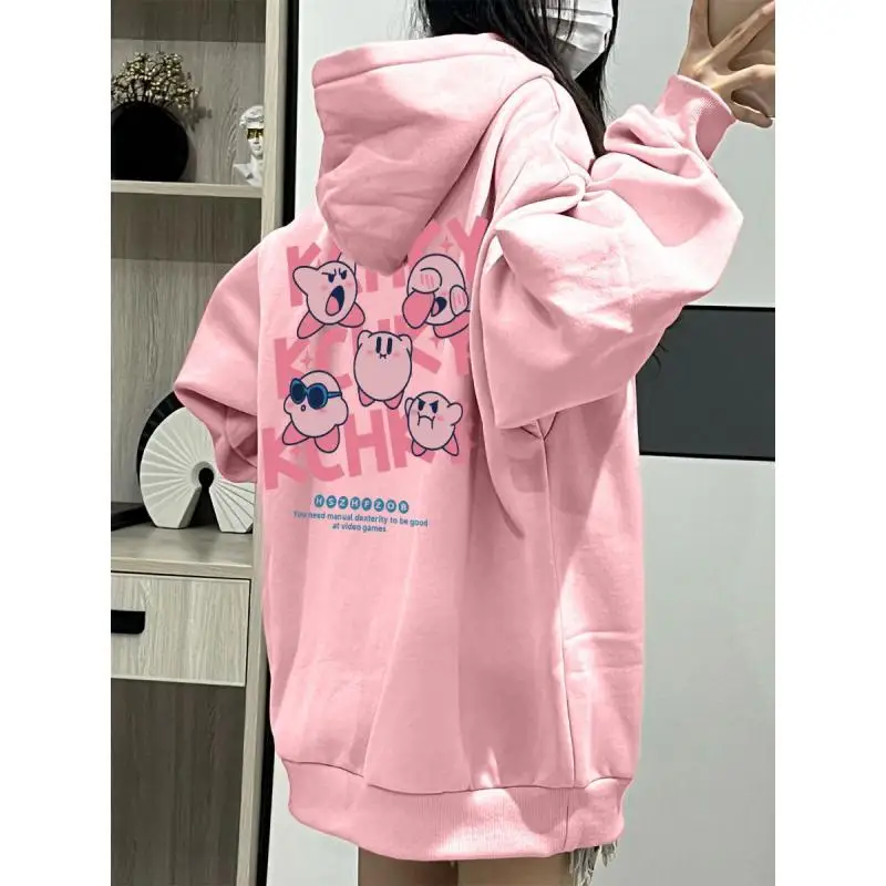 New Kawaii Cartoon Kirby Hooded Hoodie Top with Plush and Thickened Vintage Couple Outfit Anime Printing 1 - Kirby Plush