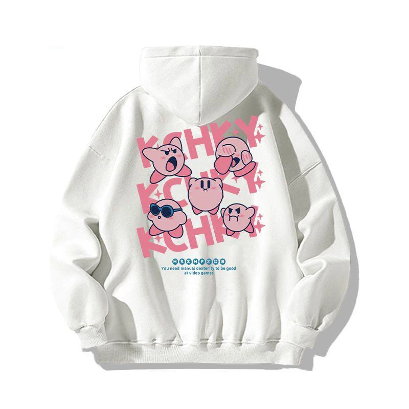 New Kawaii Cartoon Kirby Hooded Hoodie Top with Plush and Thickened Vintage Couple Outfit Anime Printing 5 - Kirby Plush