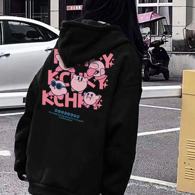 New Kawaii Cartoon Kirby Hooded Hoodie Top with Plush and Thickened Vintage Couple Outfit Anime Printing - Kirby Plush